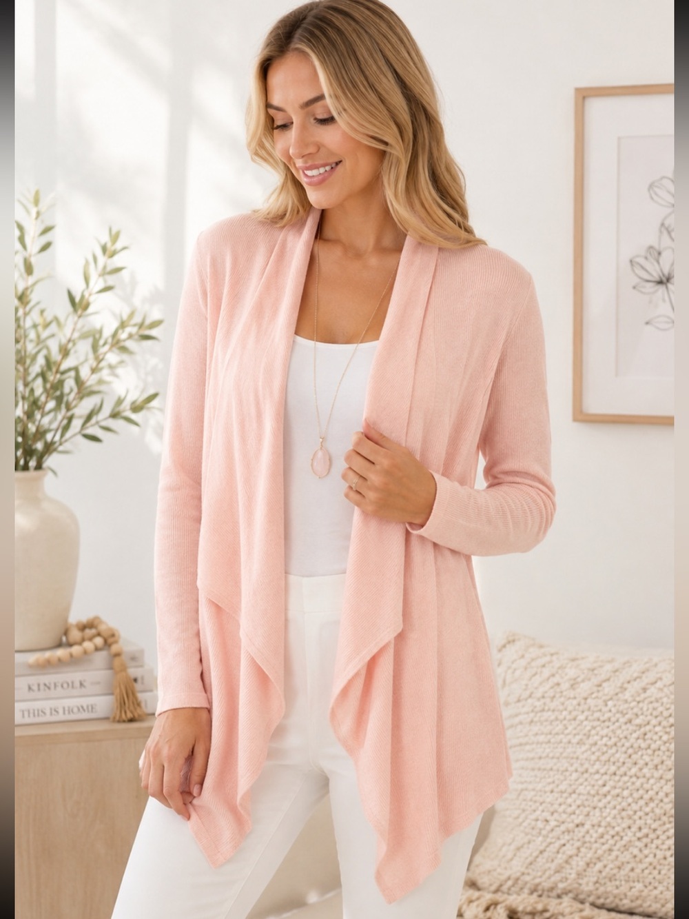 Eileen Fisher Blush Pink Open Front Cardigan Lightweight Ribbed Knit SP